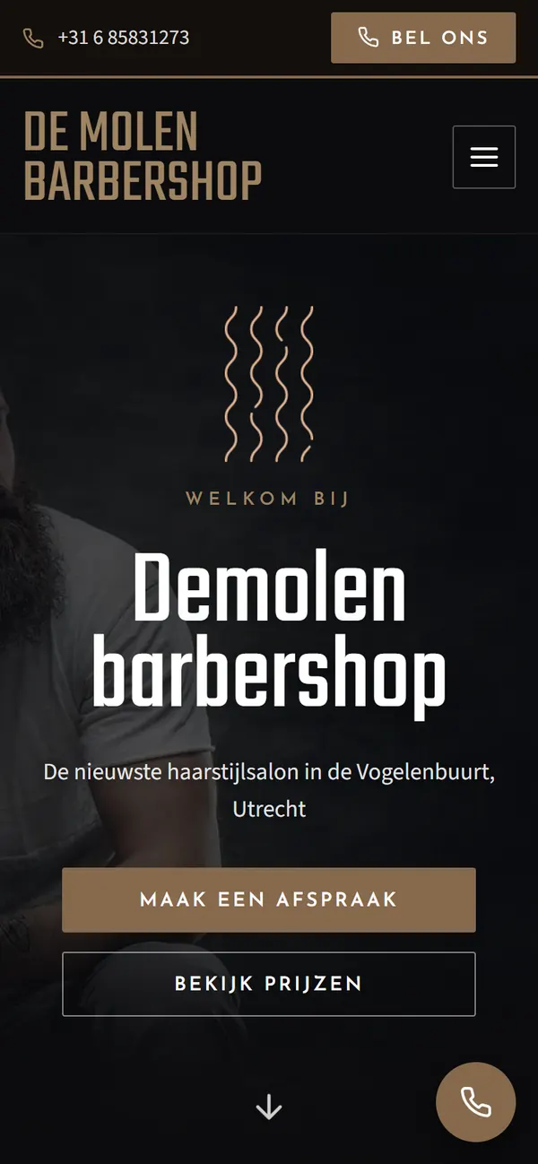 De website van De Molen Barbershop op een telefoon